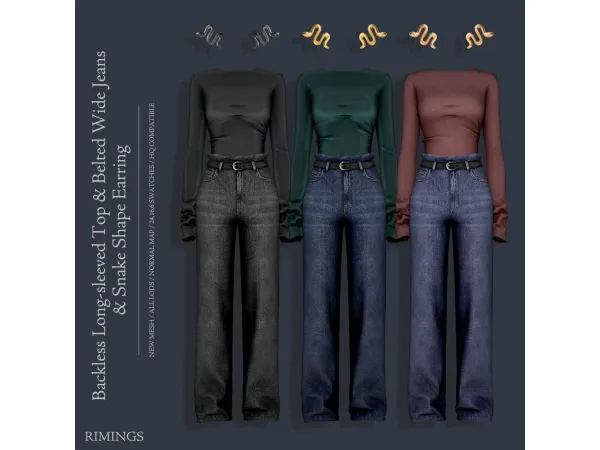 Alpha [RIMINGS] Backless Long sleeved Top Belted Wide Jeans Earring - The Sims 4 Custom Content