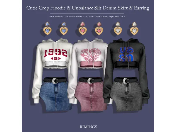 Alpha [RIMINGS] Cutie Crop Hoodie Unbalance Slit Denim Skirt Earring - The Sims 4 Custom Content