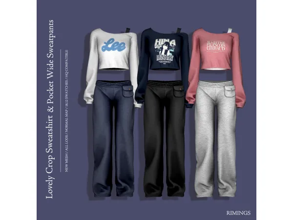 Alpha [RIMINGS] Lovely Crop Sweatshirt Pocket Wide Sweatpants - The Sims 4 Custom Content