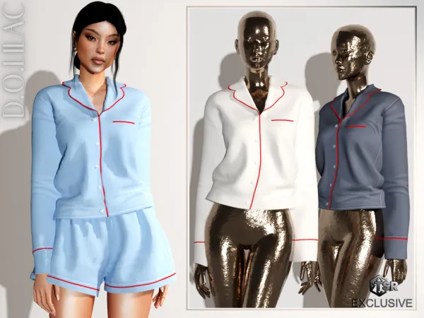 Mix Cotton Poplin Pajama Set (Top) DO0652 by DOLilac - The Sims 4 Custom Content