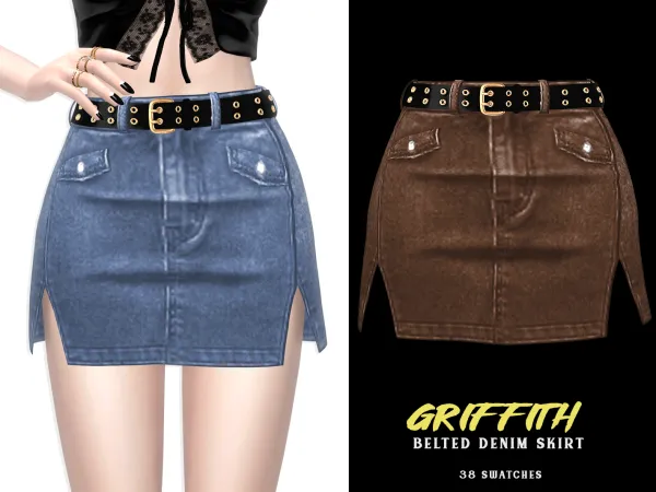Mix Griffith Belted Denim Skirt by grafity-cc - The Sims 4 custom content