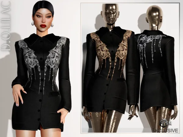 Alpha Embroidered Twill Jacket Dress DO0659 by DOLilac - The Sims 4 Custom Content