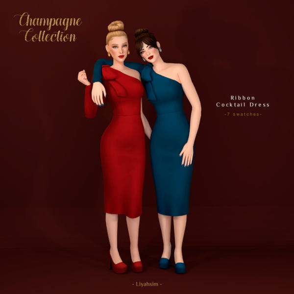 Champagne Collection - Ribbon Cocktail Dress + Platforms + Nails + Makeup  by LiyahSim - Sims 4 CC - SimsFinds