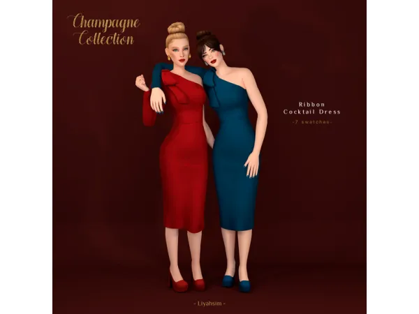 Maxis Match Champagne Collection Ribbon Cocktail Dress Platforms Nails Makeup by LiyahSim - The Sims 4 Custom Content