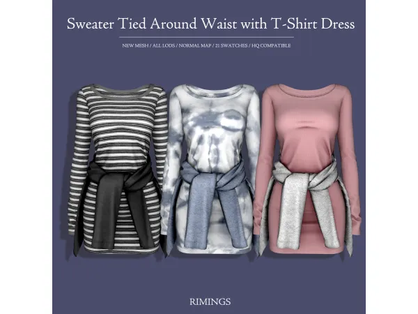 Alpha [RIMINGS] Sweater Tied Around Waist with T Shirt Dress - The Sims 4 Custom Content