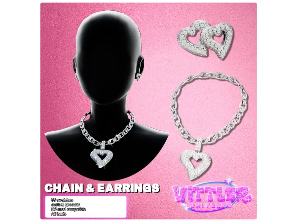 Alpha Unlimed Heart Chain Necklace and Earrings by VittlerUniverse - The Sims 4 Custom Content