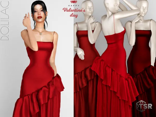Alpha Valentine's Day Ruffled Linen Blend Midi Dress DO0226 by DOLilac - The Sims 4 Custom Content