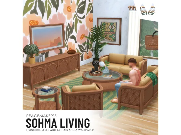 Maxis Match Sohma Living Rattan Living room set with 14 items and 1 Wallpaper by peacemakeric - The Sims 4 Custom Content