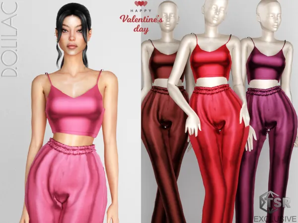 Alpha Valentine's Day Satin Pyjama Set Strap Top DO0221 by DOLilac - The Sims 4 Custom Content
