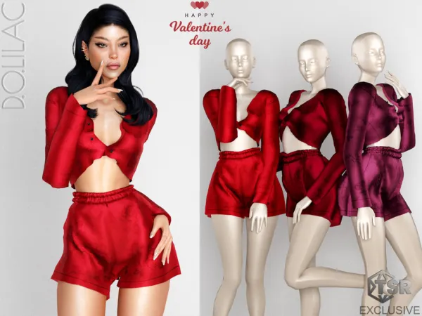 Alpha Valentine's Day Floral Jacquard Satin Pyjama Set Top DO0219 by DOLilac - The Sims 4 Custom Content