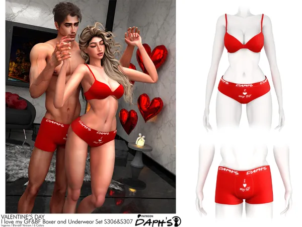 Alpha Daph's VALENTINE'S DAY I love my GFBF Boxer S306 Underwear Set S307 - The Sims 4 Custom Content