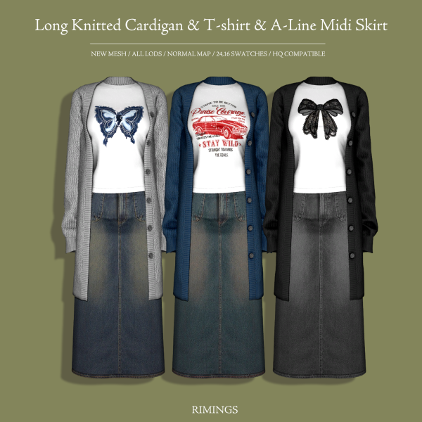 Alpha [RIMINGS] Long Knitted Cardigan T shirt A Line Midi Skirt by simsfinds - The Sims 4 Custom Content