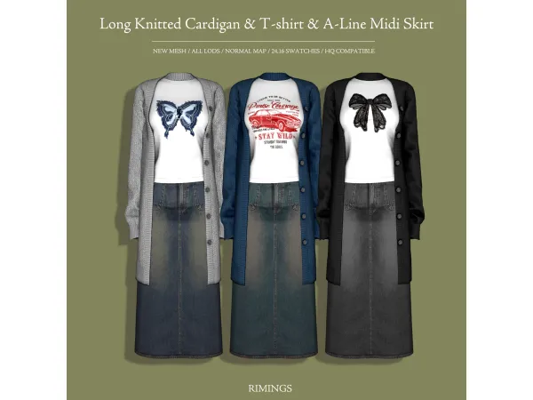 Alpha [RIMINGS] Long Knitted Cardigan T shirt A Line Midi Skirt - The Sims 4 Custom Content