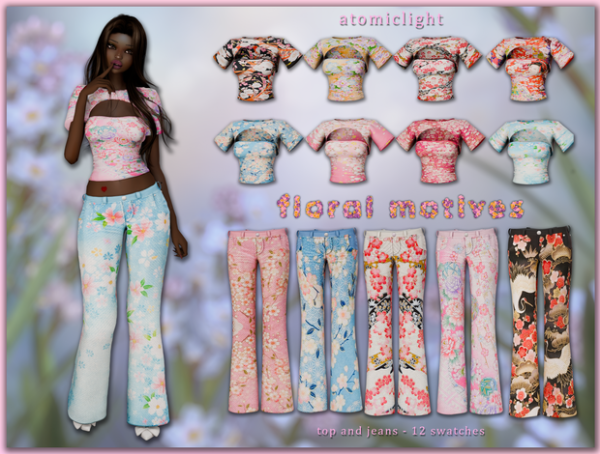 Alpha Floral motives jeans and top commission by atomiclight - The Sims 4 Custom Content