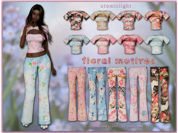Alpha Floral motives jeans and top commission by atomiclight - The Sims 4 Custom Content