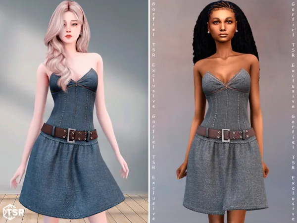 Alpha Quintessa Denim corset dress with a flared skirt and a statement belt by Garfiel - The Sims 4 Custom Content
