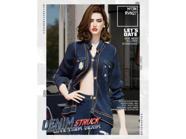 Alpha Rolled Up Sleeves Bare Side Oversized Denim Jacket by rvn2seven - The Sims 4 Custom Content