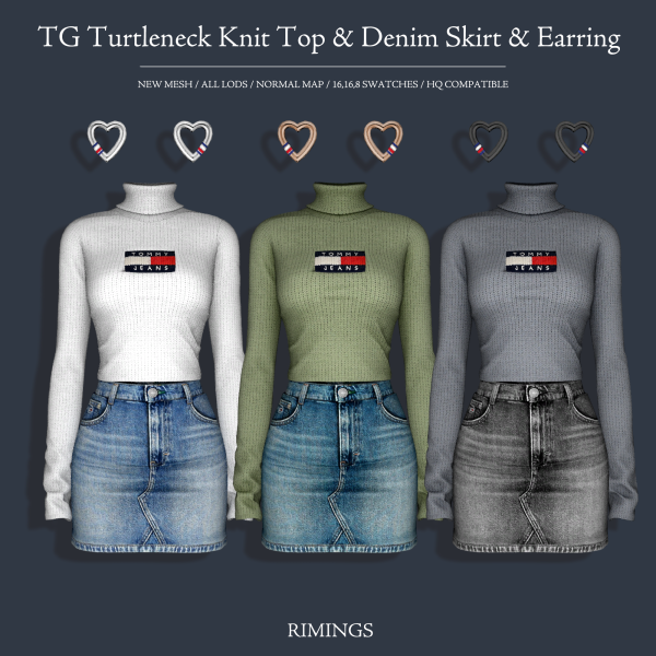 Alpha [RIMINGS] TG Turtleneck Knit Top Denim Skirt Earring by simsfinds - The Sims 4 Custom Content