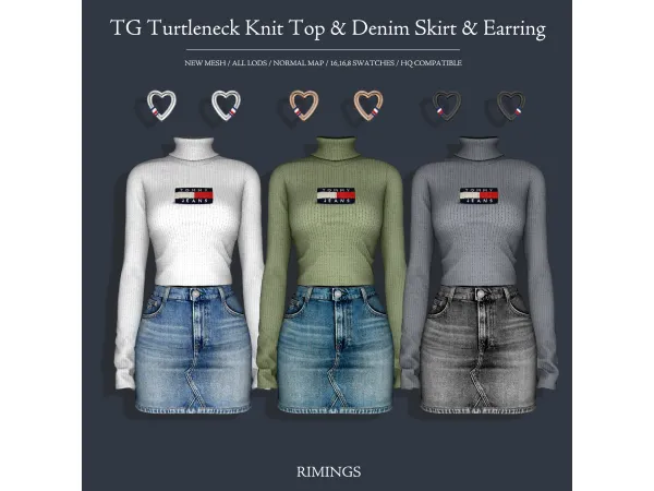 Alpha [RIMINGS] TG Turtleneck Knit Top Denim Skirt Earring - The Sims 4 Custom Content