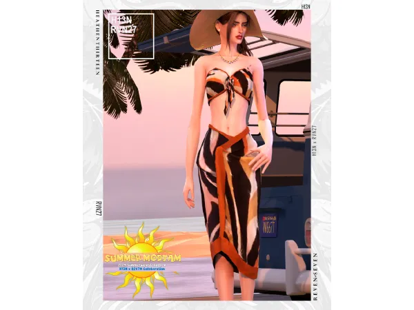 Alpha Women's Tropical Bralette Top and Sarong Wrap Skirt Outfit by rvn2seve - The Sims 4 Custom Content