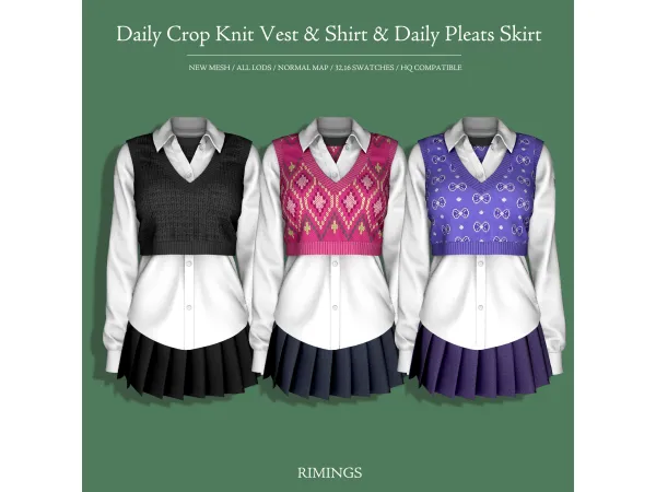 Alpha [RIMINGS] Daily Crop Knit Vest Shirt Pleats Skirt - The Sims 4 Custom Content