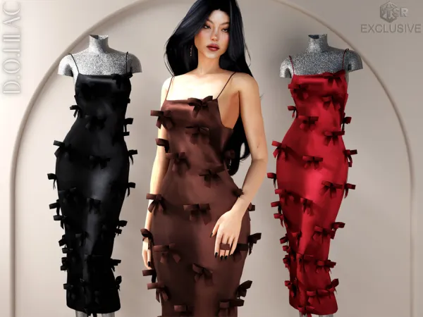 Alpha Bow Detailed Satin Midi Dress DO0730 by DOLilac - The Sims 4 Custom Content