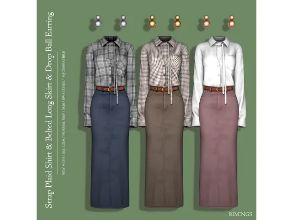 Alpha [RIMINGS] Strap Plaid Shirt Belted Long Skirt Earring - The Sims 4 Custom Content