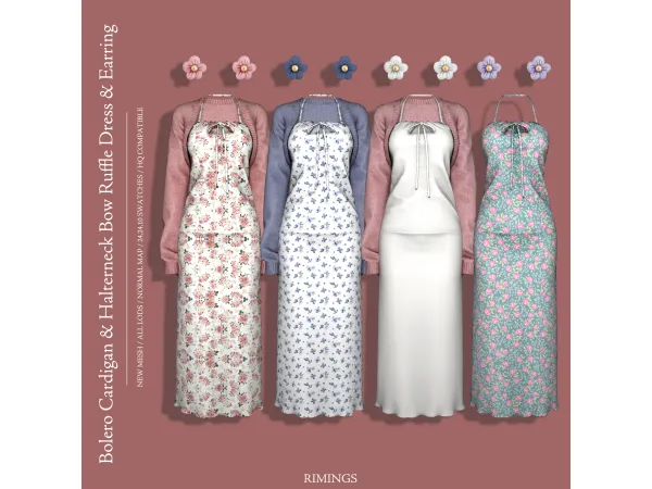 Alpha [RIMINGS] Bolero Cardigan Halterneck Bow Ruffle Dress Earring - The Sims 4 Custom Content