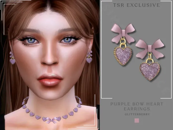 Alpha Purple Bow Heart Earrings by Glitterberryfly - The Sims 4 Custom Content