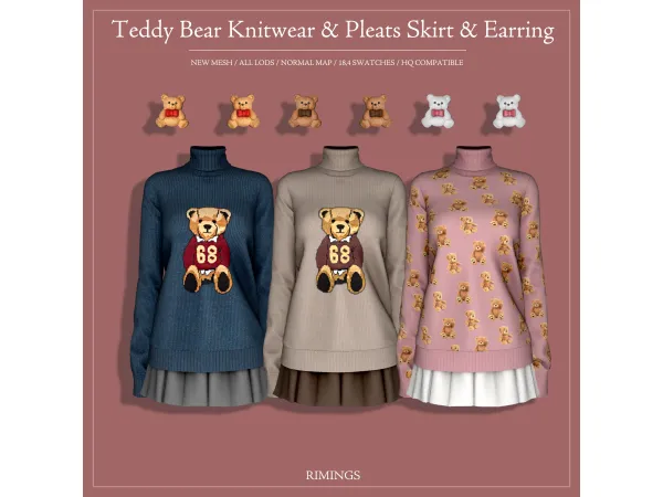 Alpha [RIMINGS] Teddy Bear Knitwear Pleats Skirt Earring - The Sims 4 Custom Content