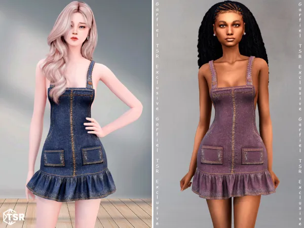 Alpha Tamara Ruffled denim dress with pockets by Garfiel - The Sims 4 Custom Content