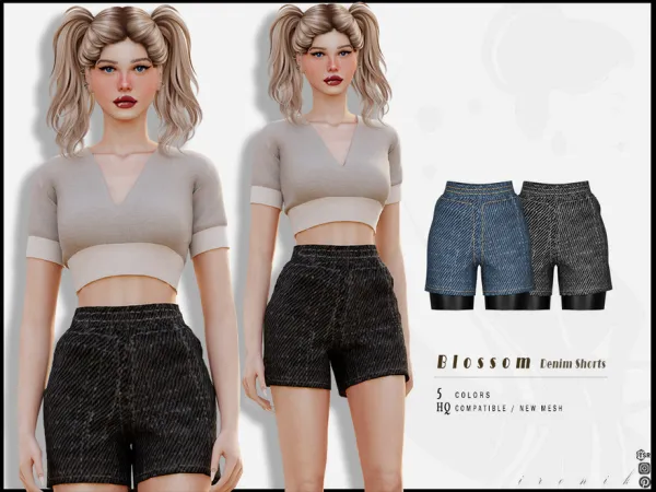 Alpha Blossom Set Denim Shorts by _ironik_ - The Sims 4 Custom Content