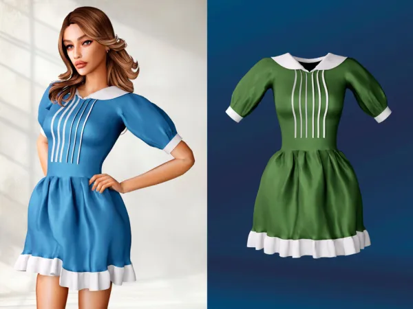 Alpha Vintage Dress with Puff Sleeves and White Collar by Pusha_Pusha - The Sims 4 Custom Content