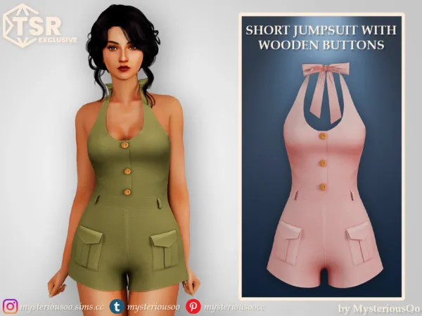 Alpha Short jumpsuit with wooden buttons by MysteriousOo - The Sims 4 Custom Content