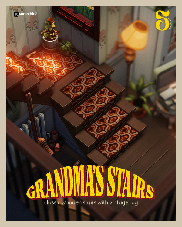 Maxis Match GRANDMA'S STAIRS classic wooden stairs with vintage rug by simsfinds - The Sims 4 Custom Content