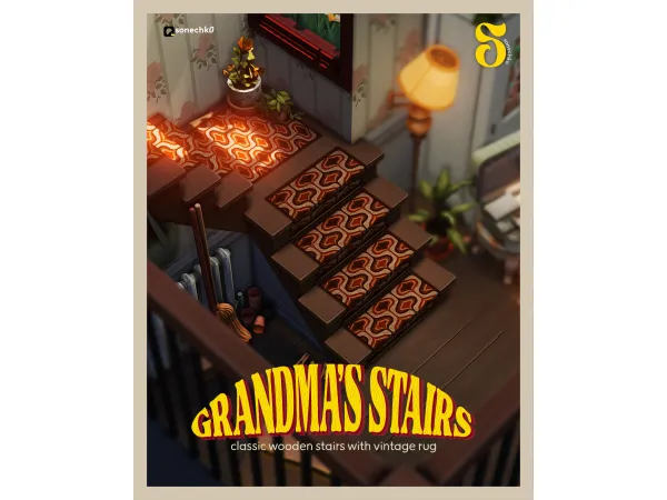 Maxis Match GRANDMA'S STAIRS classic wooden stairs with vintage rug by sonechk0 - The Sims 4 Custom Content