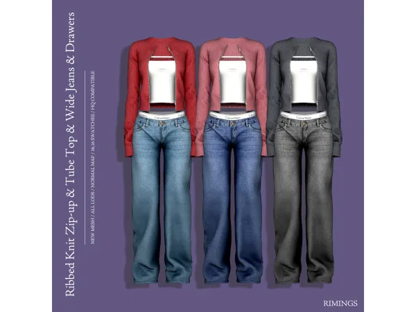 Alpha [RIMINGS] Ribbed Knit Zip up Tube Top Wide Jeans Drawers - The Sims 4 Custom Content