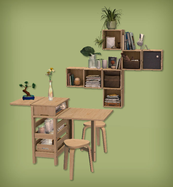 jacky93sims Scandinavian Home Bookshelf Table and Chair by simsfinds - The Sims 2 Custom Content
