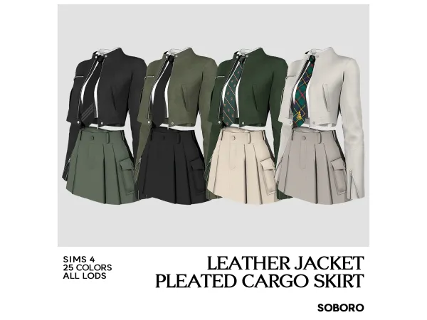 Maxis Match SOBORO Leather Jacket Pleated Cargo Skirt - The Sims 4 Custom Content