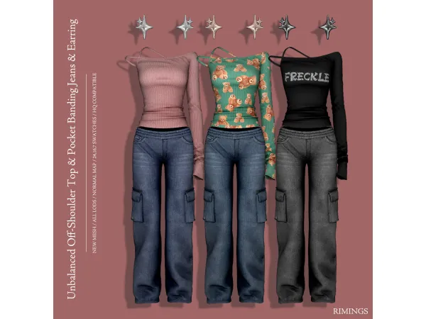 Alpha [RIMINGS] Unbalanced Off Shoulder Top Pocket Banding Jeans Earring - The Sims 4 Custom Content