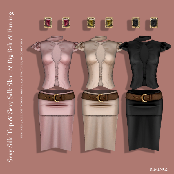Alpha [RIMINGS] Sexy Silk Top Silk Skirt Big Belt Earring by simsfinds - The Sims 4 Custom Content