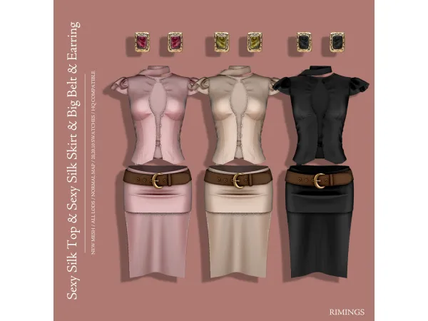 Alpha [RIMINGS] Sexy Silk Top Silk Skirt Big Belt Earring - The Sims 4 Custom Content