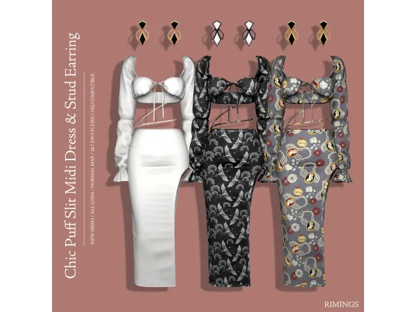 Alpha [RIMINGS] Chic Puff Slit Midi Dress Stud Earring - The Sims 4 Custom Content