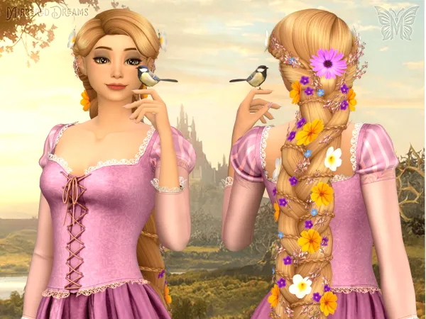 Maxis Match Rapunzel Hair Enrolados Flowers by mirroreddreamscc - The Sims 4 Custom Content