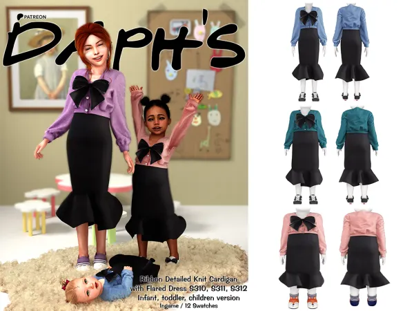 Alpha Daph's Ribbon Detailed Knit Cardigan with Flared Dress S310 S311 S312 Children Toddler Infant Version - The Sims 4 Custom Content