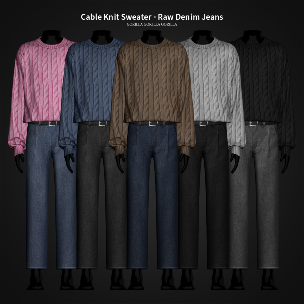 Alpha Cable Knit Sweater Raw Denim Jeans by simsfinds - The Sims 4 Custom Content