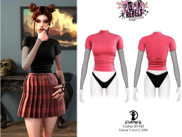 Alpha PUNK REBEL Clothes SET483 Fishnet T shirt C1590 by daphsmods - The Sims 4 Custom Content
