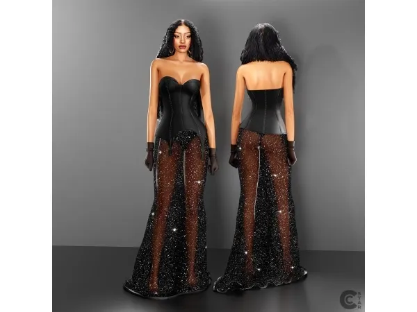 Alpha Strapless Gown with Sheer Glittery Skirt and Gloves - The Sims 4 Custom Content