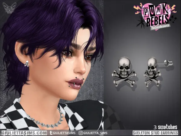 Alpha Punk Rebels Skeleton Stud Earrings - The Sims 4 Custom Content