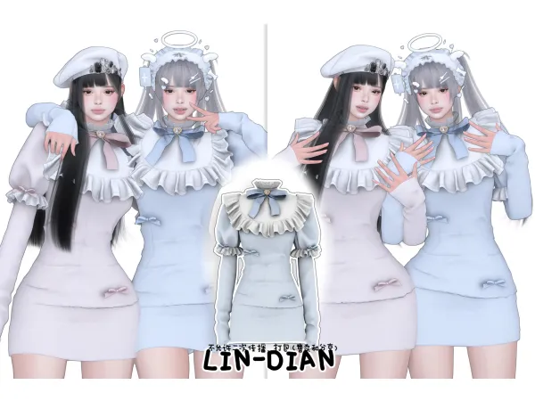 Maxis Match LIN DIAN Puff Sleeve Bowknot Women's Dress - The Sims 4 Custom Content